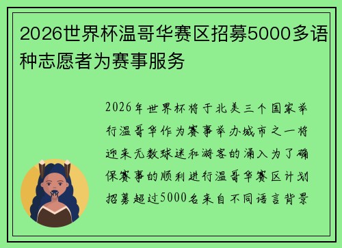 2026世界杯温哥华赛区招募5000多语种志愿者为赛事服务